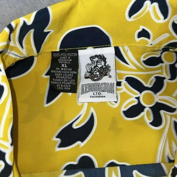Kennington LTD Mens XL Hawaiian Shirt Yellow/Blue Tropical Floral Vacation *read - Picture 3 of 9